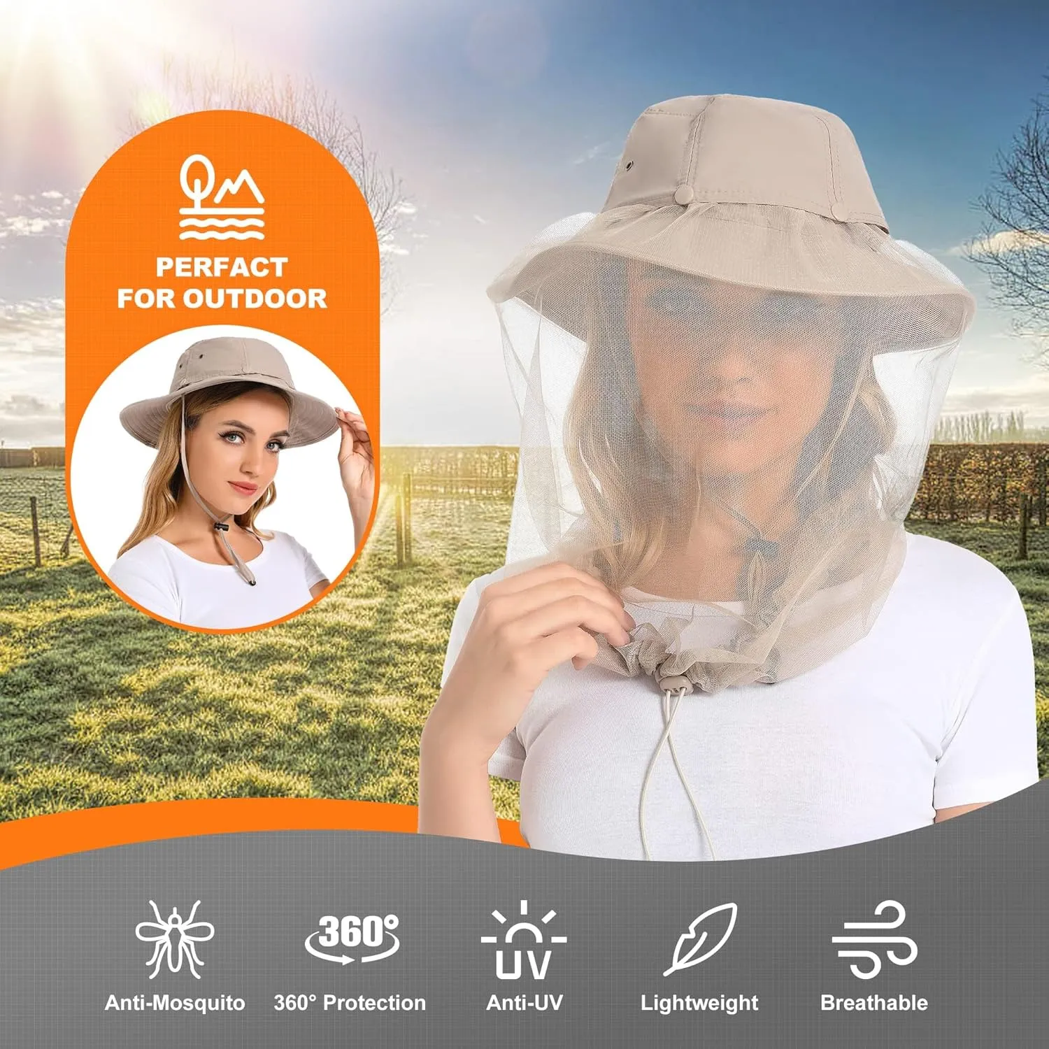 Mosquito Net Hat - Safari Sun Visor Hat with Removable Bug Net for Outdoor Men and Women