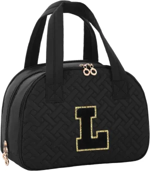 Mothers Day Gifts Initial Travel Toiletry Bag, Personalized Cosmetic Bags Birthday Gifts for Women, Makeup Bag Organizer with Handle, Travel Bag for Toiletries with Brush Holder (L, Black)
