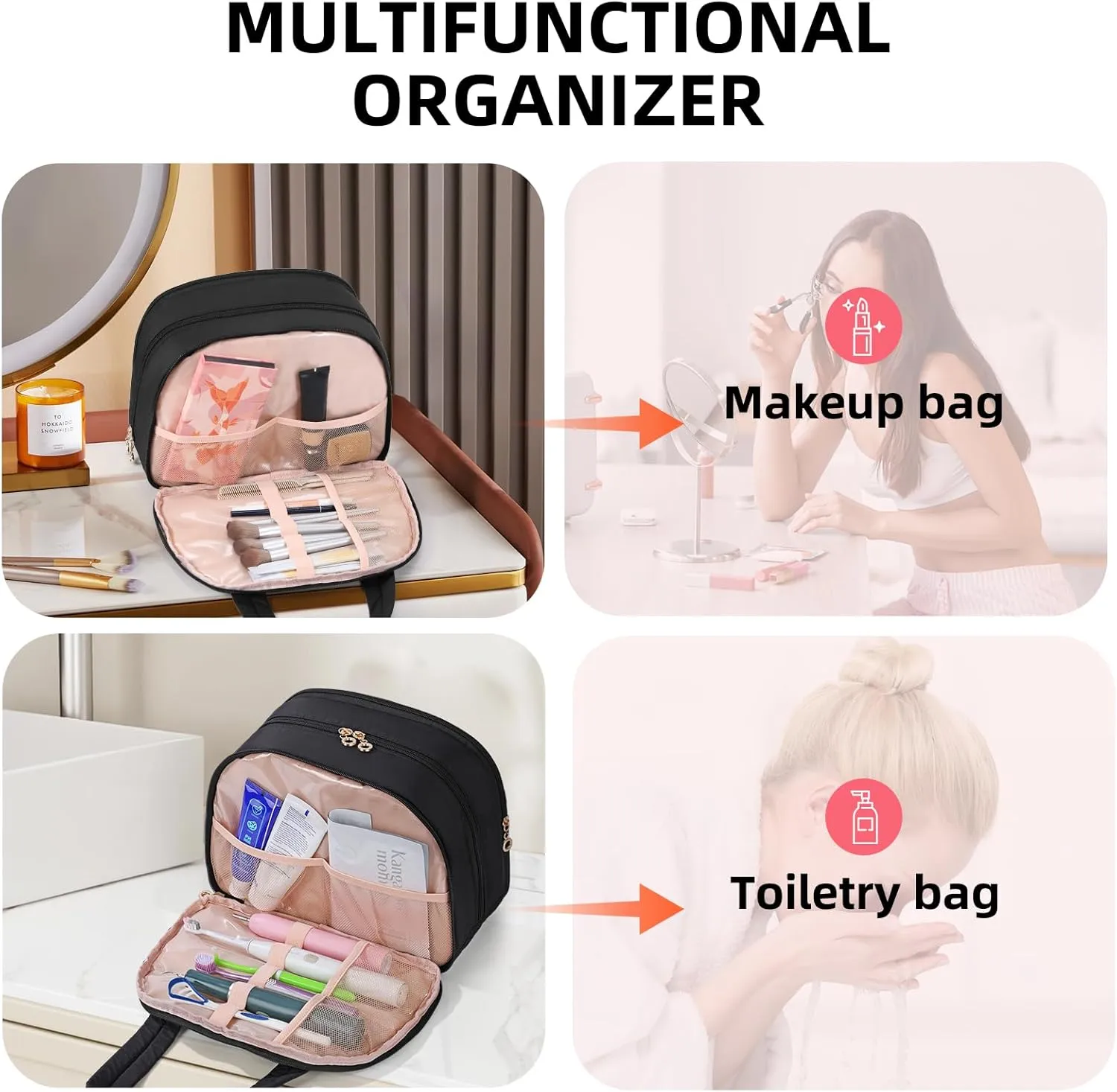 Mothers Day Gifts Initial Travel Toiletry Bag, Personalized Cosmetic Bags Birthday Gifts for Women, Makeup Bag Organizer with Handle, Travel Bag for Toiletries with Brush Holder (L, Black)