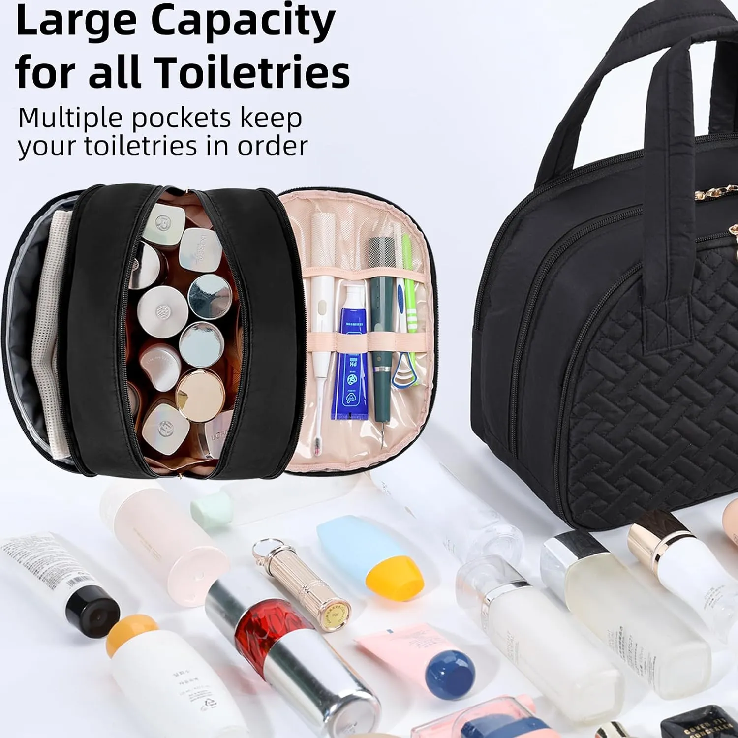 Mothers Day Gifts Initial Travel Toiletry Bag, Personalized Cosmetic Bags Birthday Gifts for Women, Makeup Bag Organizer with Handle, Travel Bag for Toiletries with Brush Holder (L, Black)
