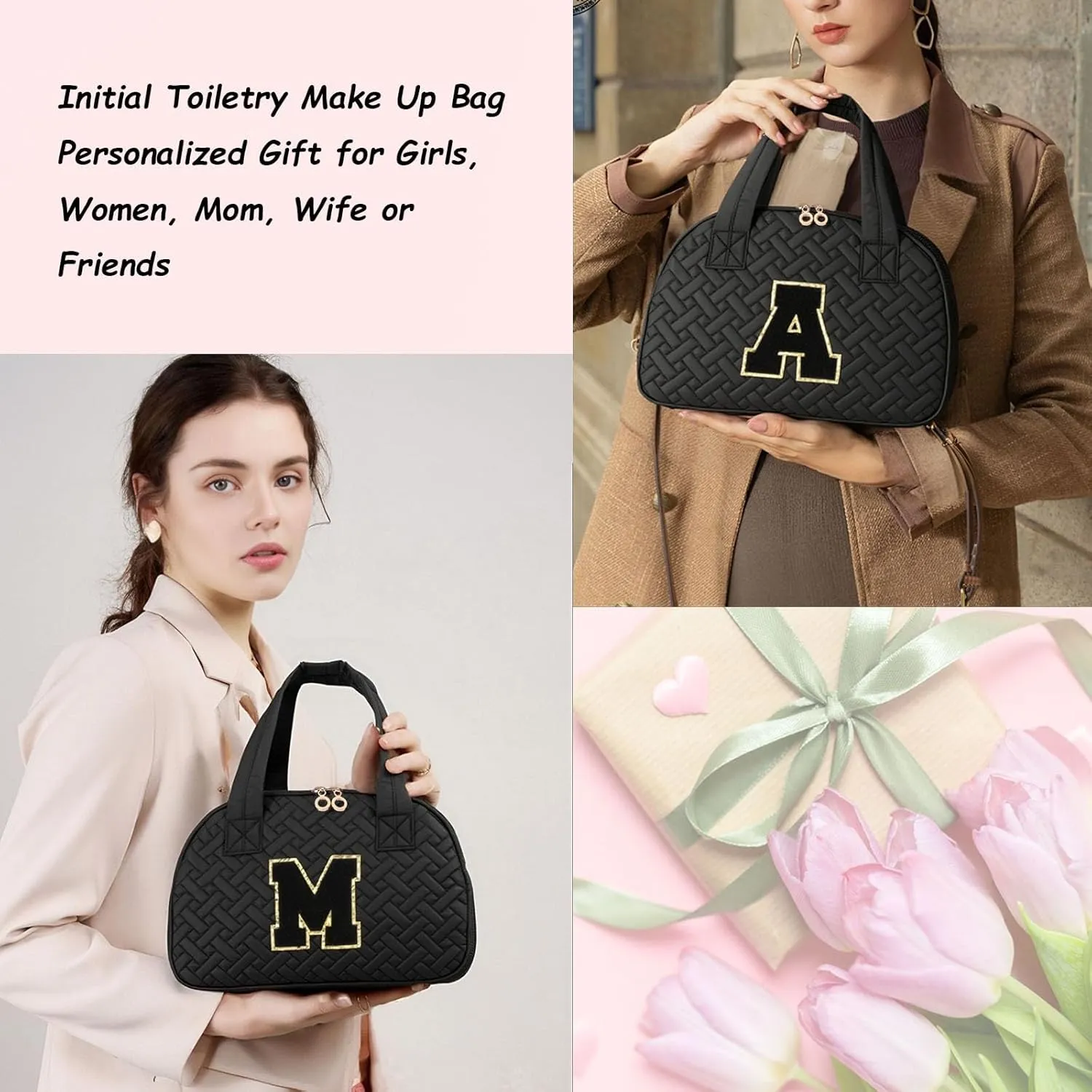 Mothers Day Gifts Initial Travel Toiletry Bag, Personalized Cosmetic Bags Birthday Gifts for Women, Makeup Bag Organizer with Handle, Travel Bag for Toiletries with Brush Holder (L, Black)