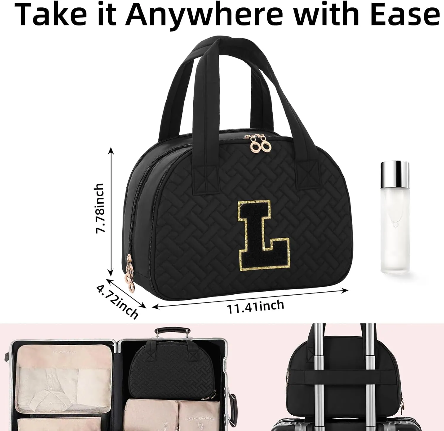 Mothers Day Gifts Initial Travel Toiletry Bag, Personalized Cosmetic Bags Birthday Gifts for Women, Makeup Bag Organizer with Handle, Travel Bag for Toiletries with Brush Holder (L, Black)