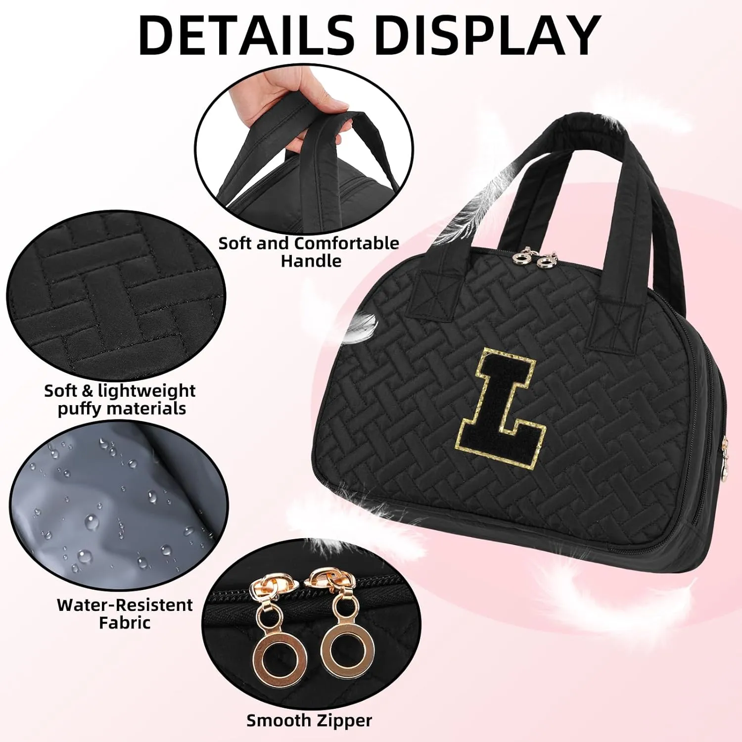 Mothers Day Gifts Initial Travel Toiletry Bag, Personalized Cosmetic Bags Birthday Gifts for Women, Makeup Bag Organizer with Handle, Travel Bag for Toiletries with Brush Holder (L, Black)