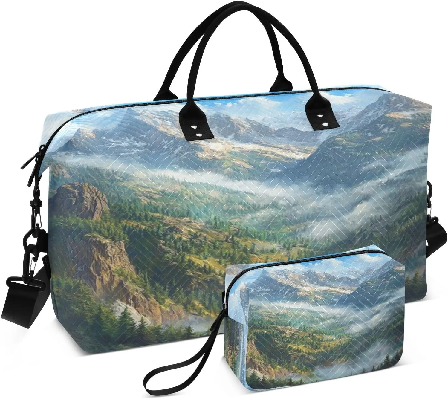 Mountain Valley Conifer Mist Sports Gym Bag for Women Men Travel Duffel Bag Weekend Overnight Carry on Bag with Toiletry Bag Workout Dance Bag for Swimming Yoga Workout Hospital Plane