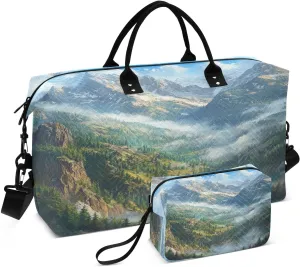 Mountain Valley Conifer Mist Sports Gym Bag for Women Men Travel Duffel Bag Weekend Overnight Carry on Bag with Toiletry Bag Workout Dance Bag for Swimming Yoga Workout Hospital Plane