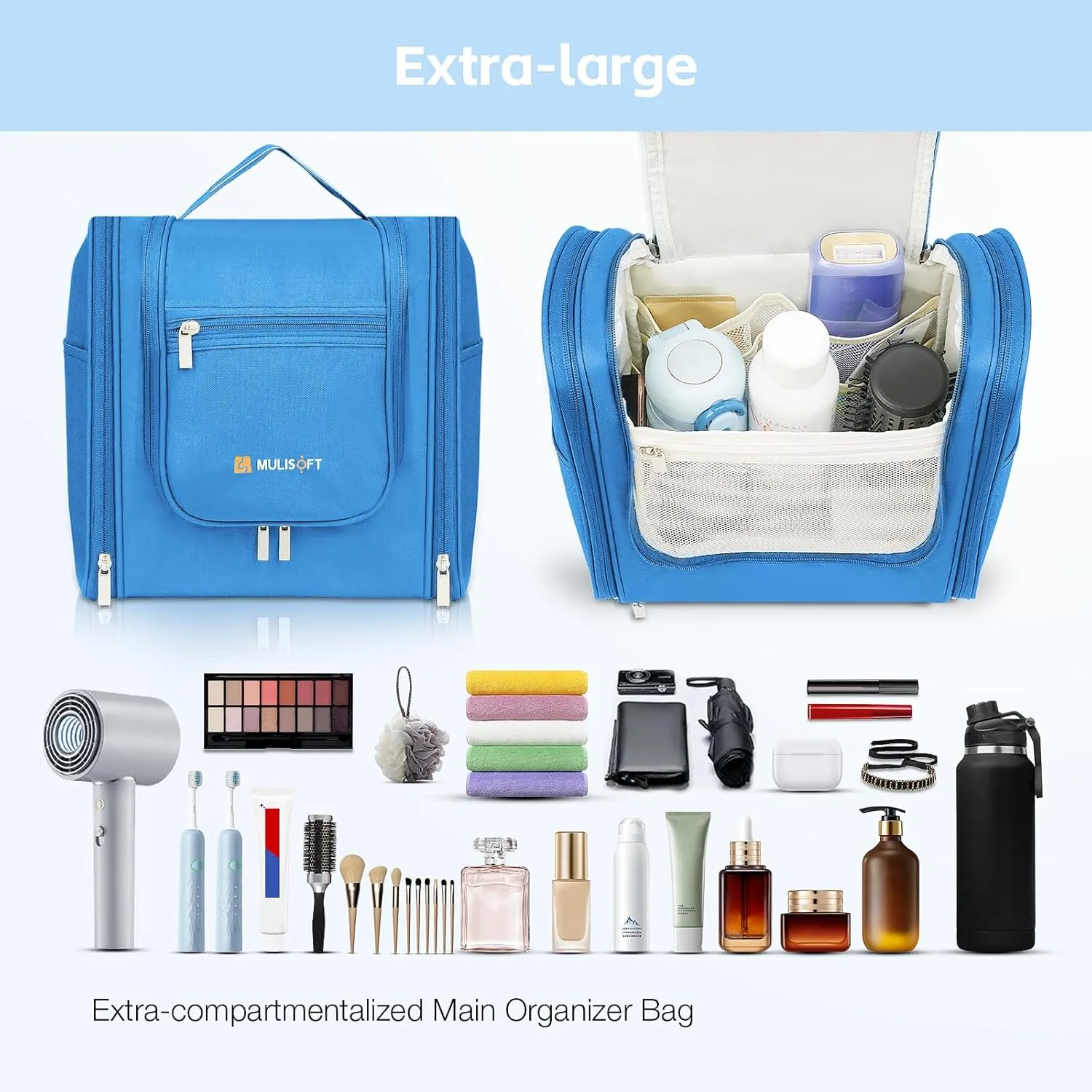 MULISOFT Travel Toiletry Bag for Women & Man, Extra Large Toiletry Bag, Portable Hanging Toiletries Bag, Water Resistant Dopp Kit for Toiletries, Cosmetics, Big Comparment Travel Makeup Bag Organizer