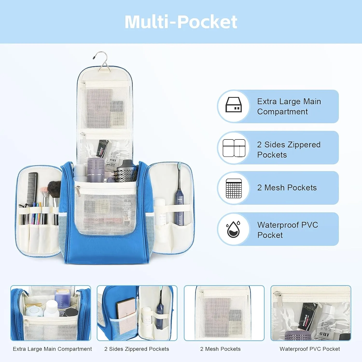 MULISOFT Travel Toiletry Bag for Women & Man, Extra Large Toiletry Bag, Portable Hanging Toiletries Bag, Water Resistant Dopp Kit for Toiletries, Cosmetics, Big Comparment Travel Makeup Bag Organizer