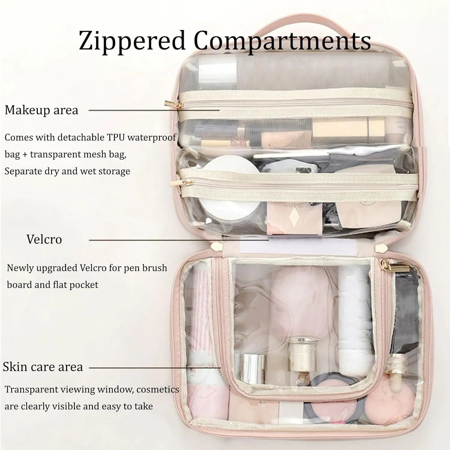 Multi-Compartment Toiletry Cosmetics Bag, Portable & Large Capacity Makeup Bag with Compartments, multi compartment toiletry Bag for Travel (Black)