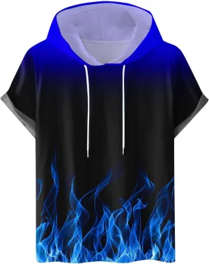 Muscularfit Graphic Tees Men 2024 Fashion Flame Print Drawstring Hooded Shirts Casual Short Sleeve Loose Pullover Workout Top