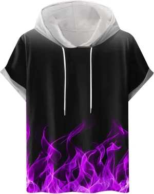 Muscularfit Graphic Tees Men 2024 Fashion Flame Print Drawstring Hooded Shirts Casual Short Sleeve Loose Pullover Workout Top