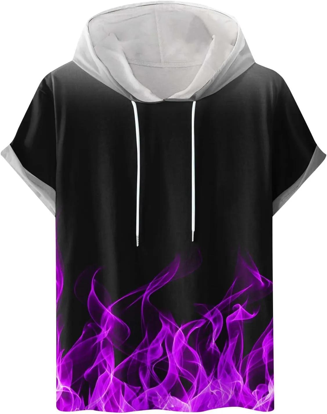 Muscularfit Graphic Tees Men 2024 Fashion Flame Print Drawstring Hooded Shirts Casual Short Sleeve Loose Pullover Workout Top