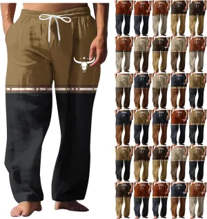 Muscularfit Linen Pant for Men Summer Casual Drawstring Elastic Waist Baggy Trouser with Pockets Ethnic Print Beach Sweatpant