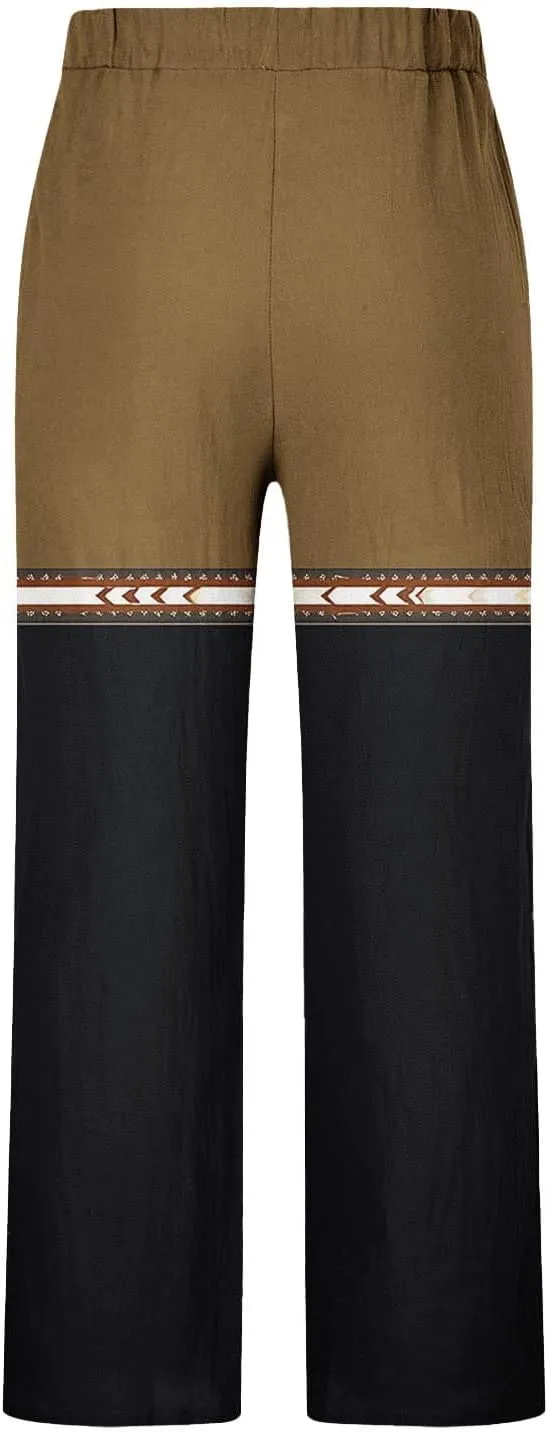Muscularfit Linen Pant for Men Summer Casual Drawstring Elastic Waist Baggy Trouser with Pockets Ethnic Print Beach Sweatpant