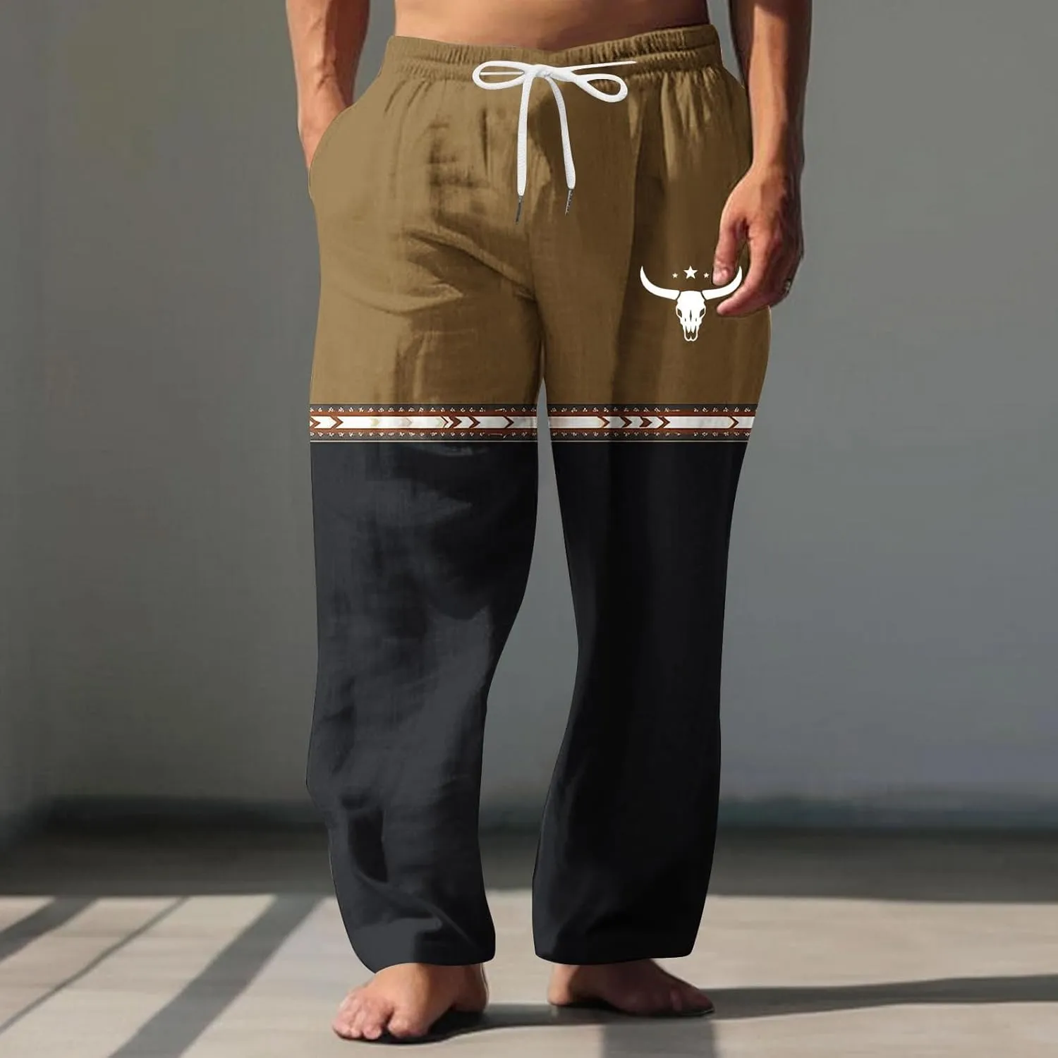 Muscularfit Linen Pant for Men Summer Casual Drawstring Elastic Waist Baggy Trouser with Pockets Ethnic Print Beach Sweatpant