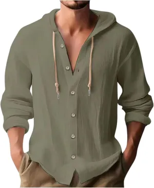 Muscularfit Men's Fashion Hoodies & Sweatshirts Drawstring Casual Long Sleeve Cotton Linen Shirts Fashion Button Down Hoodies