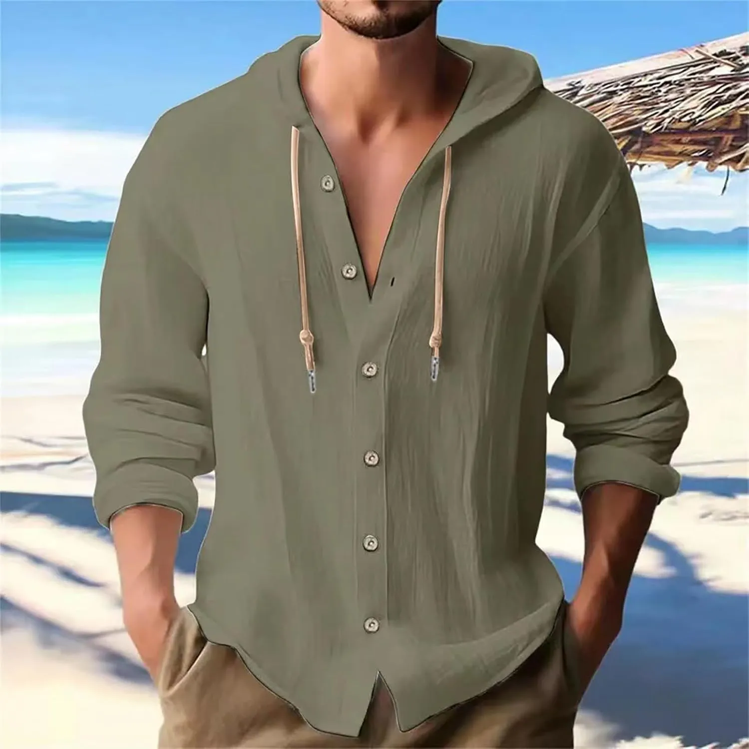 Muscularfit Men's Fashion Hoodies & Sweatshirts Drawstring Casual Long Sleeve Cotton Linen Shirts Fashion Button Down Hoodies