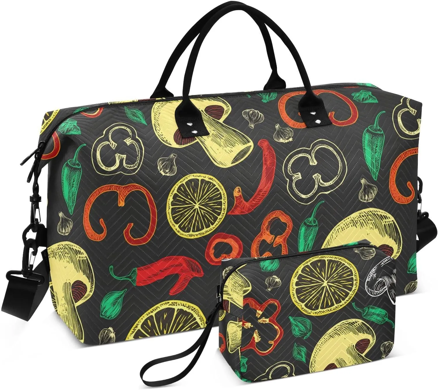 Mushroom Peppers Black Sports Gym Bag for Women Men Travel Duffel Bag Weekend Overnight Carry on Bag with Toiletry Bag Training Handbag for Workout Swimming Yoga Plane Hospital