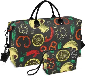 Mushroom Peppers Black Sports Gym Bag for Women Men Travel Duffel Bag Weekend Overnight Carry on Bag with Toiletry Bag Training Handbag for Workout Swimming Yoga Plane Hospital