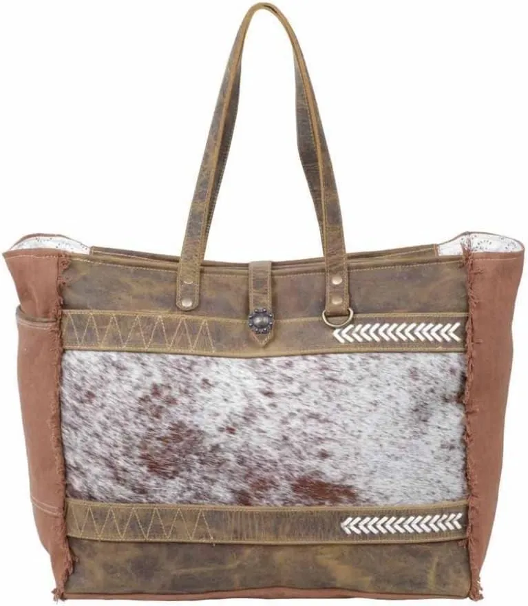 Myra Bag Brown Cowhide Purse - Salt n Pepper Cowhide Purses for Women with Floral Concho, Leather Accents, Zigzag Stitch & Arrow Stitch Design, Grunge Brown Leather Accents, Western Purses for Women