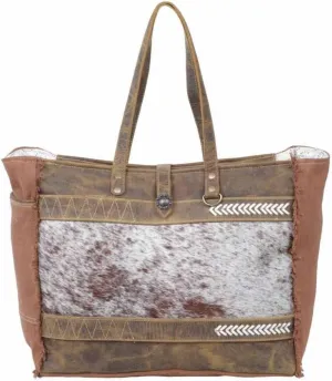 Myra Bag Brown Cowhide Purse - Salt n Pepper Cowhide Purses for Women with Floral Concho, Leather Accents, Zigzag Stitch & Arrow Stitch Design, Grunge Brown Leather Accents, Western Purses for Women