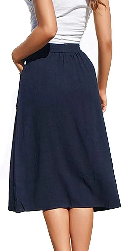 Naggoo Womens Summer Skirts Casual Front Button A-Line High Waisted Midi Skirt with Pockets
