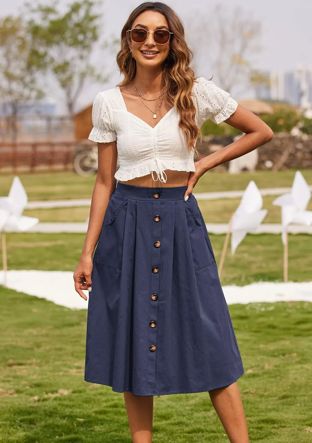 Naggoo Womens Summer Skirts Casual Front Button A-Line High Waisted Midi Skirt with Pockets