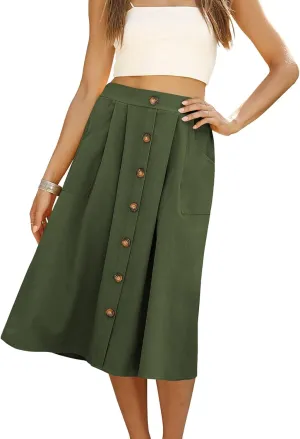 Naggoo Womens Summer Skirts Casual Front Button A-Line High Waisted Midi Skirt with Pockets