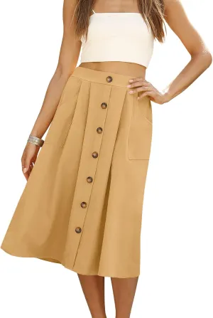 Naggoo Womens Summer Skirts Casual Front Button A-Line High Waisted Midi Skirt with Pockets