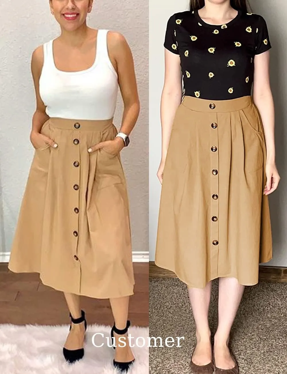 Naggoo Womens Summer Skirts Casual Front Button A-Line High Waisted Midi Skirt with Pockets