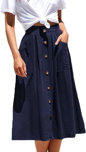 Naggoo Womens Summer Skirts Casual Front Button A-Line High Waisted Midi Skirt with Pockets
