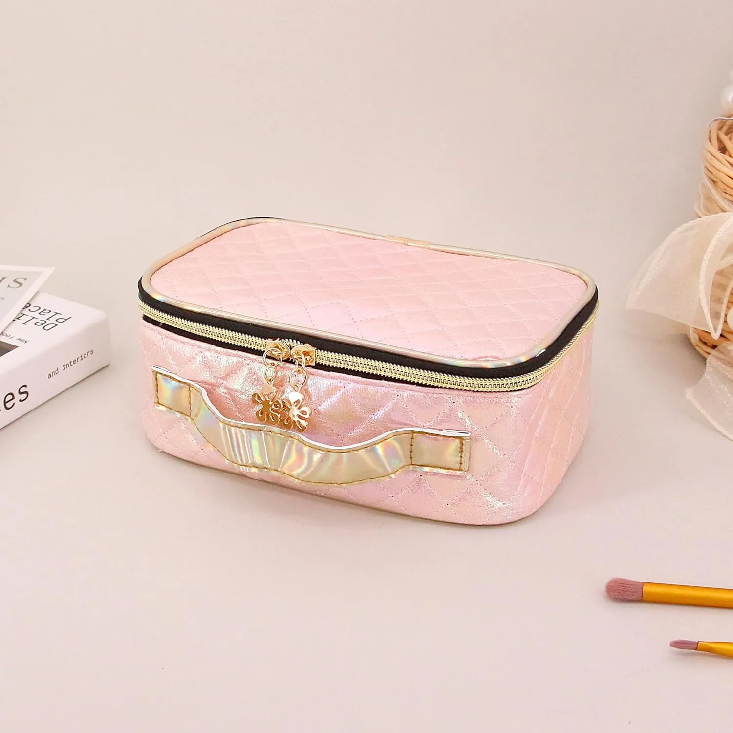 Naimo Metallic Cosmetic Bag Large Capacity Storage Bag Portable Travel Toiletry Bag Zipper Organizer Shiny Holographic Makeup Bag with Handle