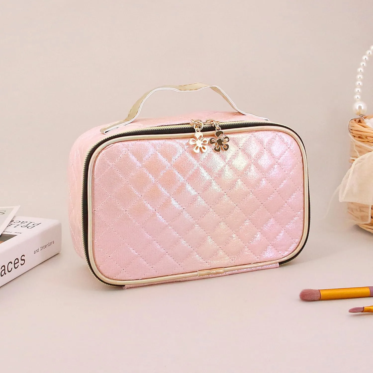 Naimo Metallic Cosmetic Bag Large Capacity Storage Bag Portable Travel Toiletry Bag Zipper Organizer Shiny Holographic Makeup Bag with Handle