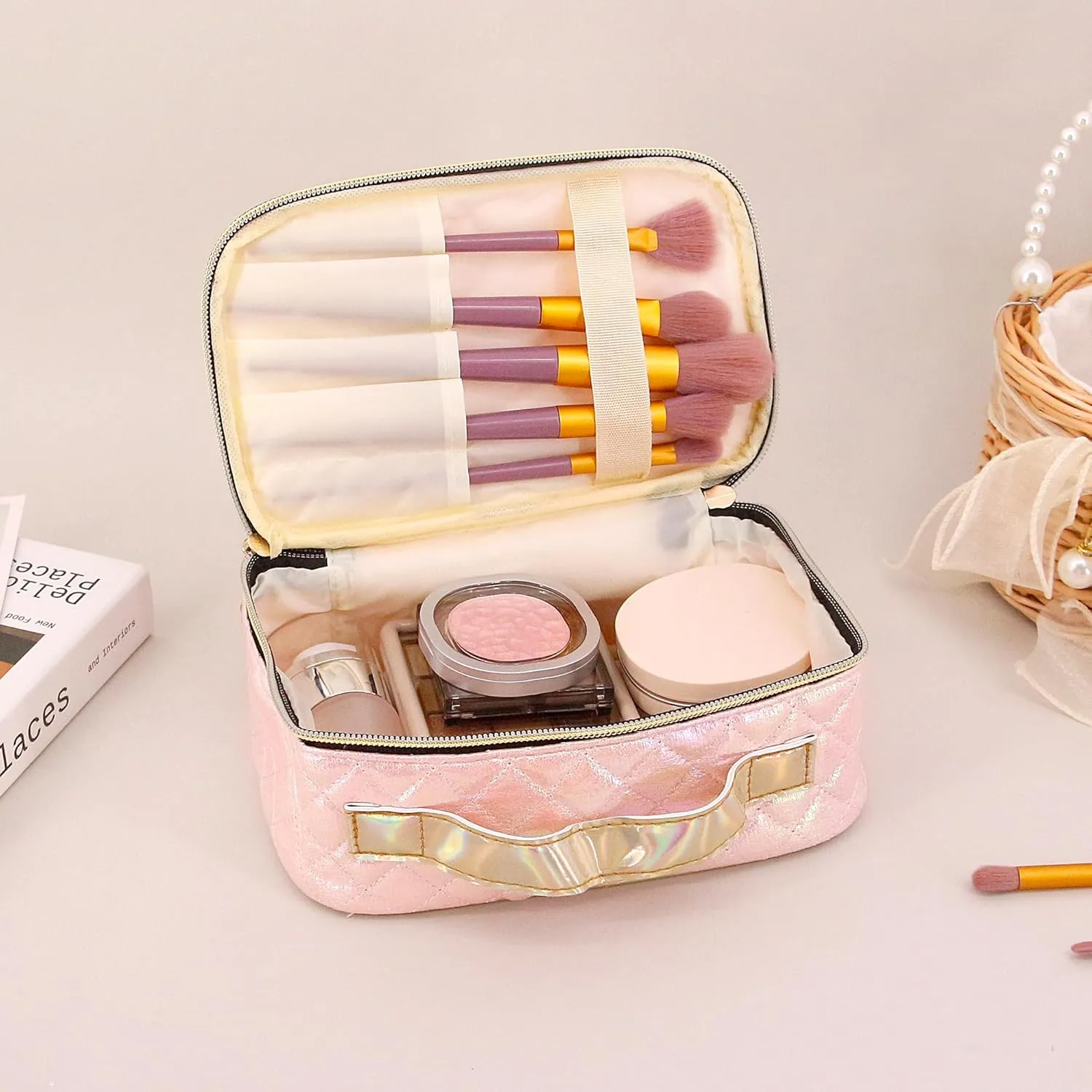 Naimo Metallic Cosmetic Bag Large Capacity Storage Bag Portable Travel Toiletry Bag Zipper Organizer Shiny Holographic Makeup Bag with Handle