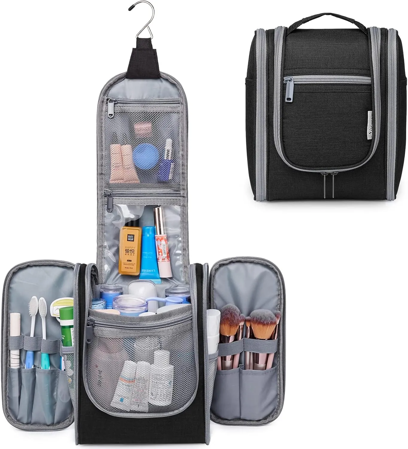 Narwey Small Hanging Travel Toiletry Bag Cosmetic Make up Organizer for Women and Men (Medium, Black)