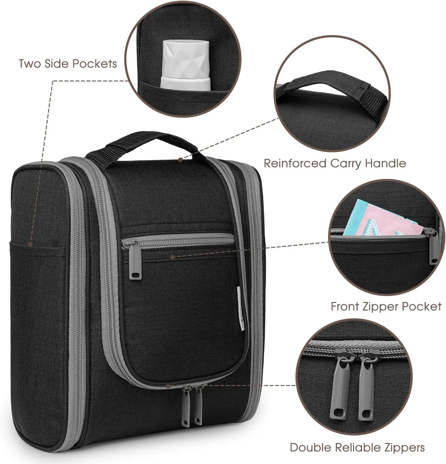 Narwey Small Hanging Travel Toiletry Bag Cosmetic Make up Organizer for Women and Men (Medium, Black)