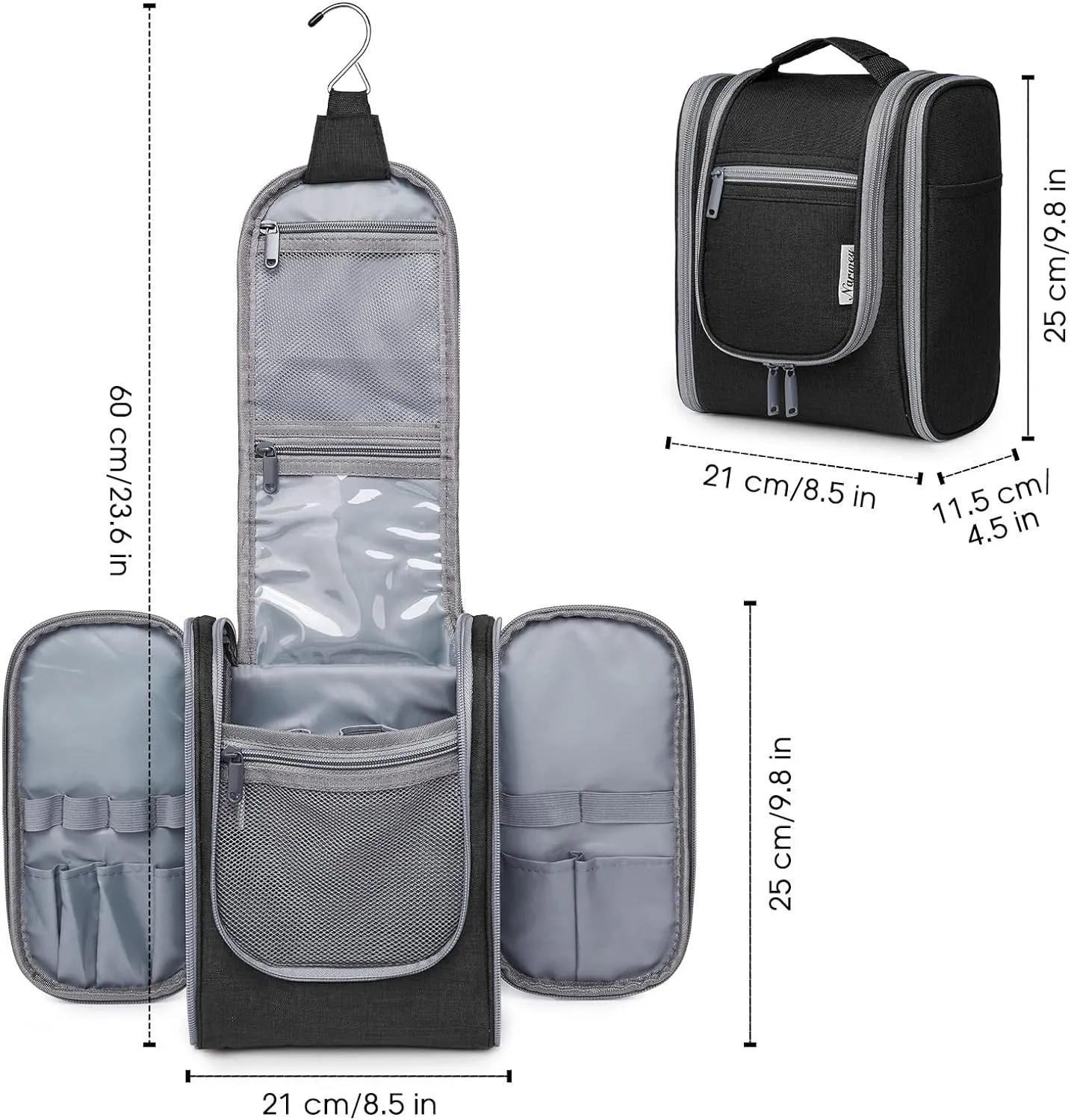 Narwey Small Hanging Travel Toiletry Bag Cosmetic Make up Organizer for Women and Men (Medium, Black)