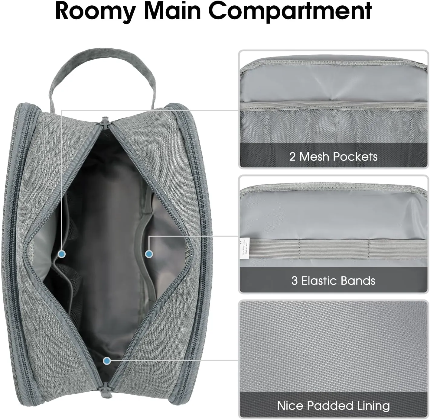 Narwey Travel Toiletry Bag with Brush Compartments for Men and Women, Traveling Dopp Kit, Shaving Bag, Portable Cosmetic Bag, Make up bag with Brush Storage for Women (Grey)