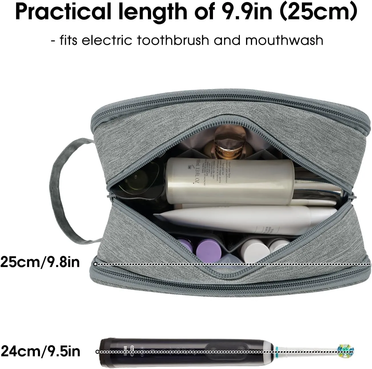 Narwey Travel Toiletry Bag with Brush Compartments for Men and Women, Traveling Dopp Kit, Shaving Bag, Portable Cosmetic Bag, Make up bag with Brush Storage for Women (Grey)