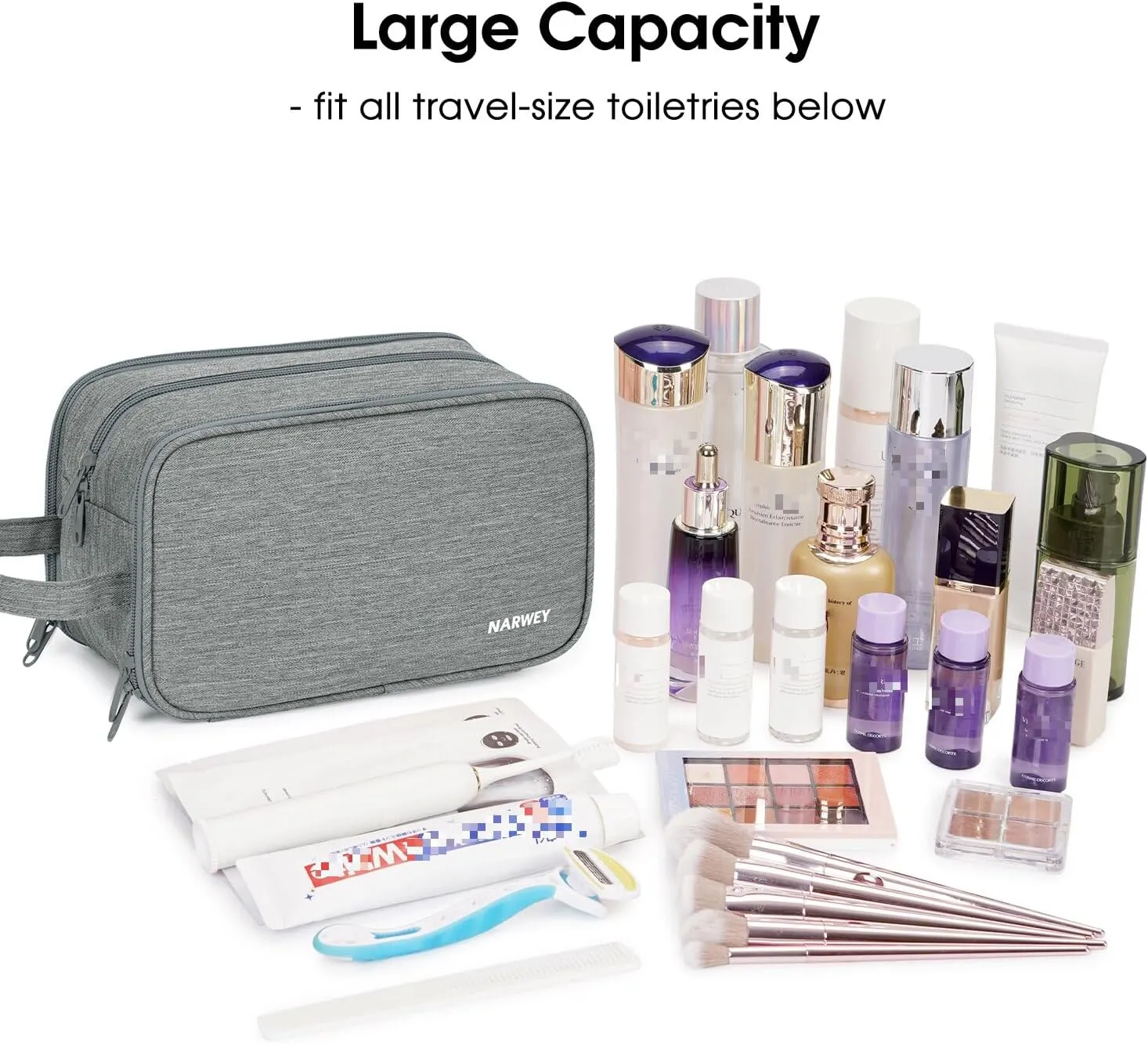 Narwey Travel Toiletry Bag with Brush Compartments for Men and Women, Traveling Dopp Kit, Shaving Bag, Portable Cosmetic Bag, Make up bag with Brush Storage for Women (Grey)