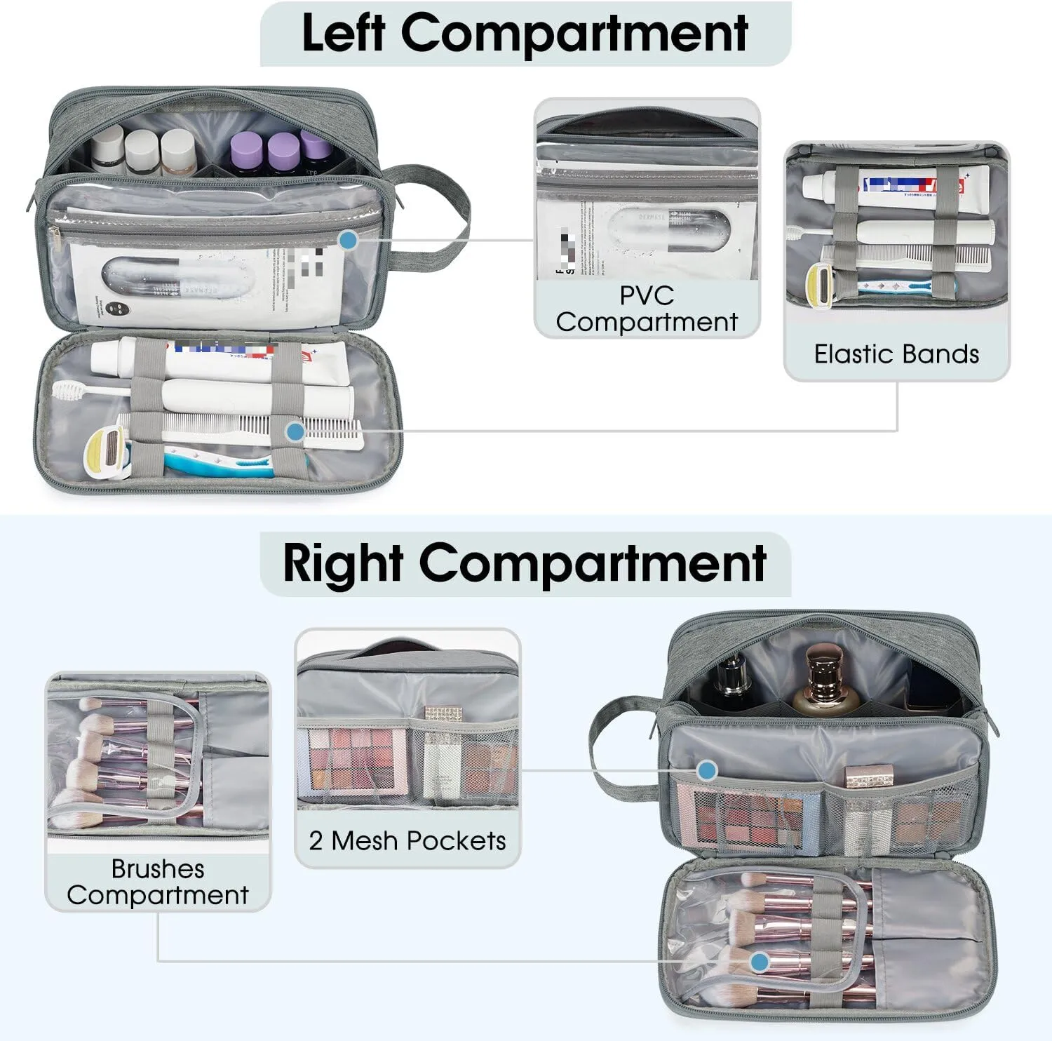 Narwey Travel Toiletry Bag with Brush Compartments for Men and Women, Traveling Dopp Kit, Shaving Bag, Portable Cosmetic Bag, Make up bag with Brush Storage for Women (Grey)