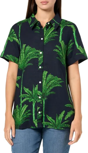 Nautica Women's Short Sleeve Linen Blend Button Up Collared Camp Shirt