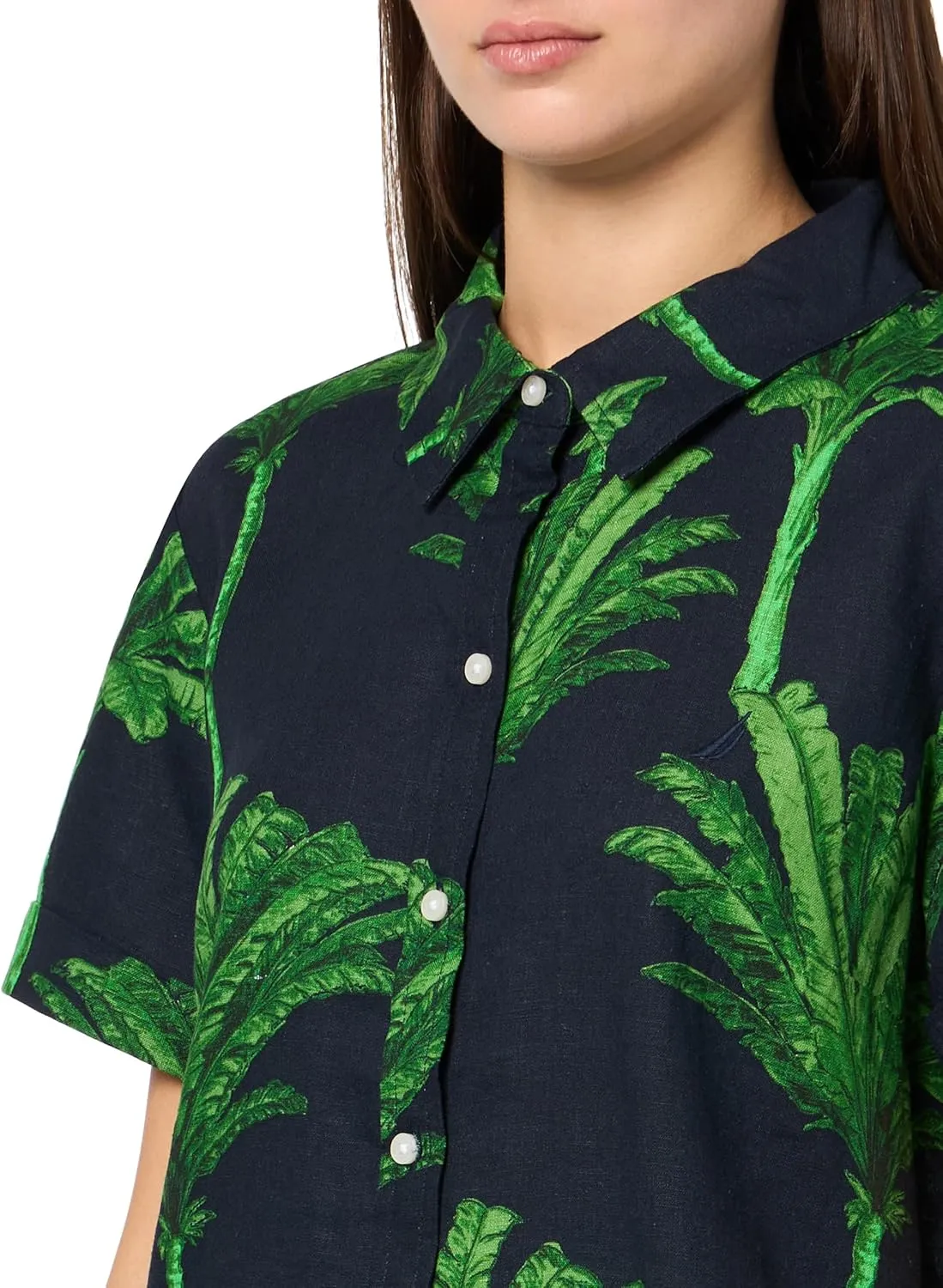 Nautica Women's Short Sleeve Linen Blend Button Up Collared Camp Shirt