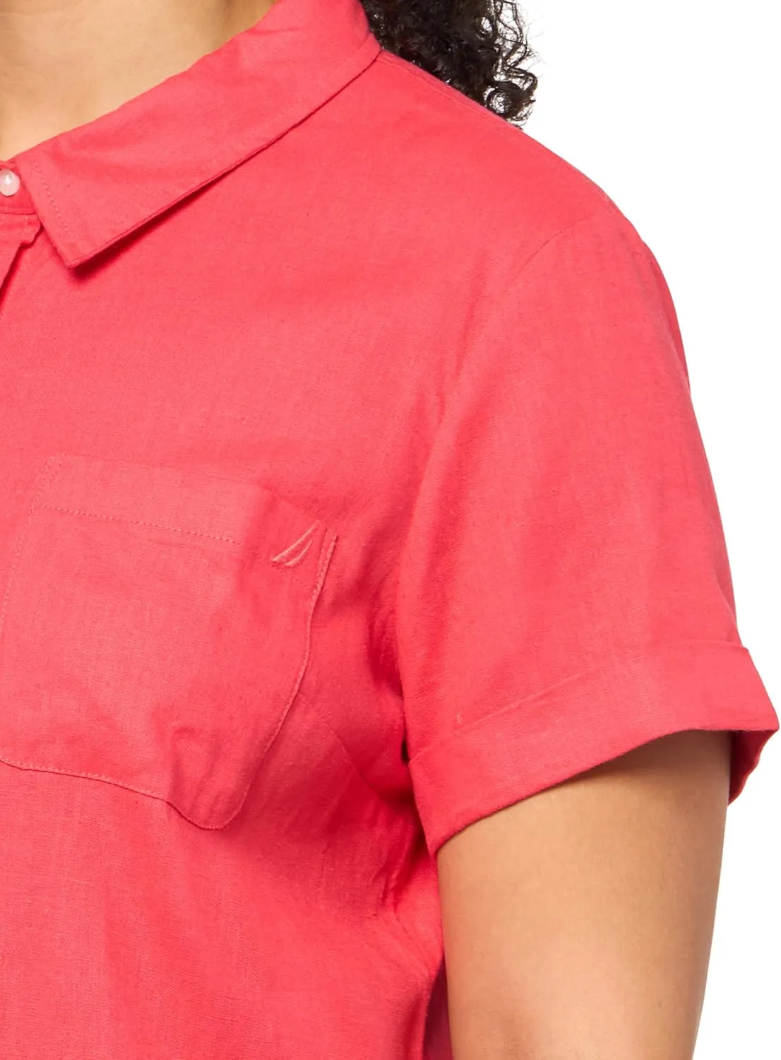 Nautica Women's Short Sleeve Linen Blend Button Up Collared Camp Shirt