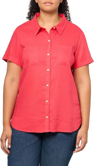 Nautica Women's Short Sleeve Linen Blend Button Up Collared Camp Shirt