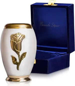 Nazareth Store Small Funeral Cremation Urn for Human Ashes White Pearl and Gold Rose Flower Miniature Memorial Keepsake - Velvet Box Case