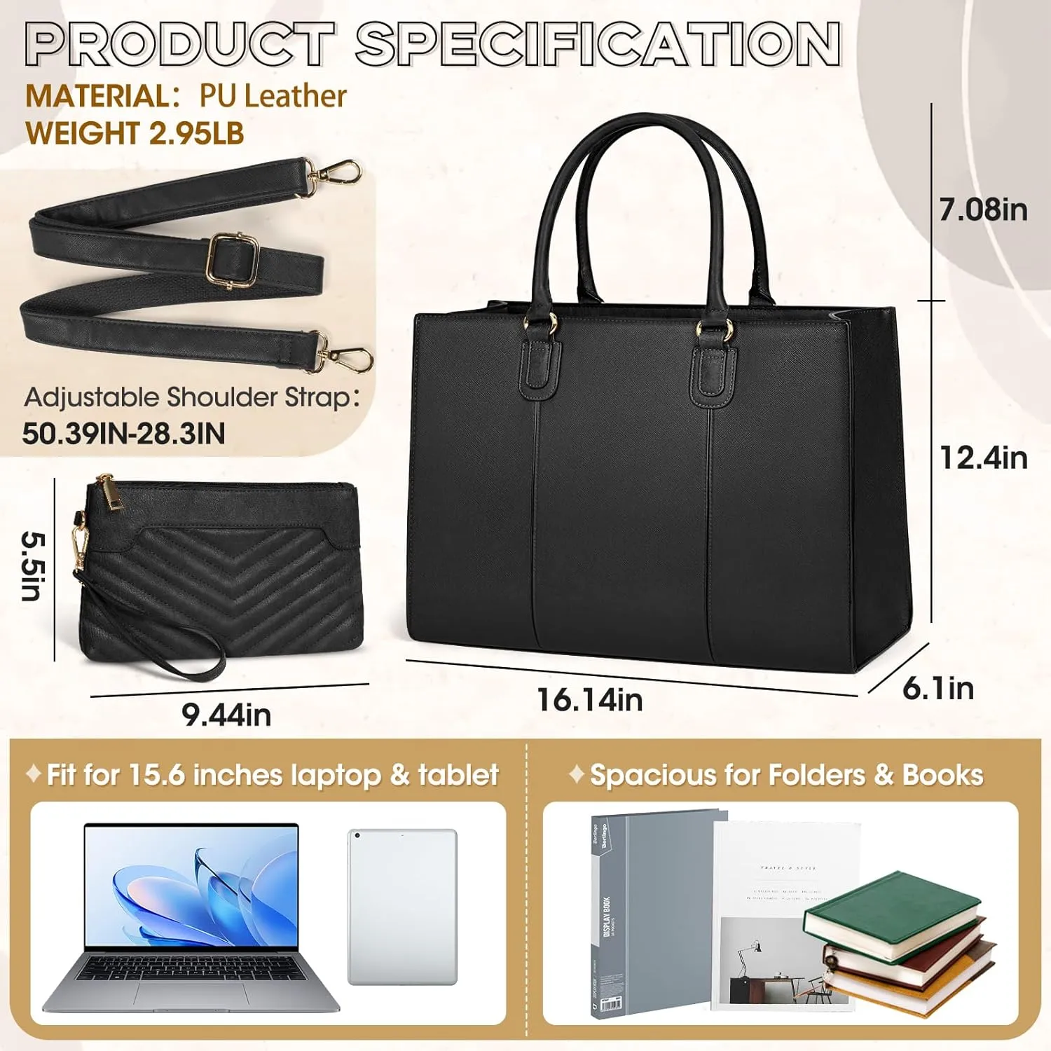 NEWHEY Laptop Bag for Women 15.6 Inch Work Tote Bags Leather Computer Bag with Clutch Purse Professional Office Briefcase Waterproof Handbag for Business Travel College, Black