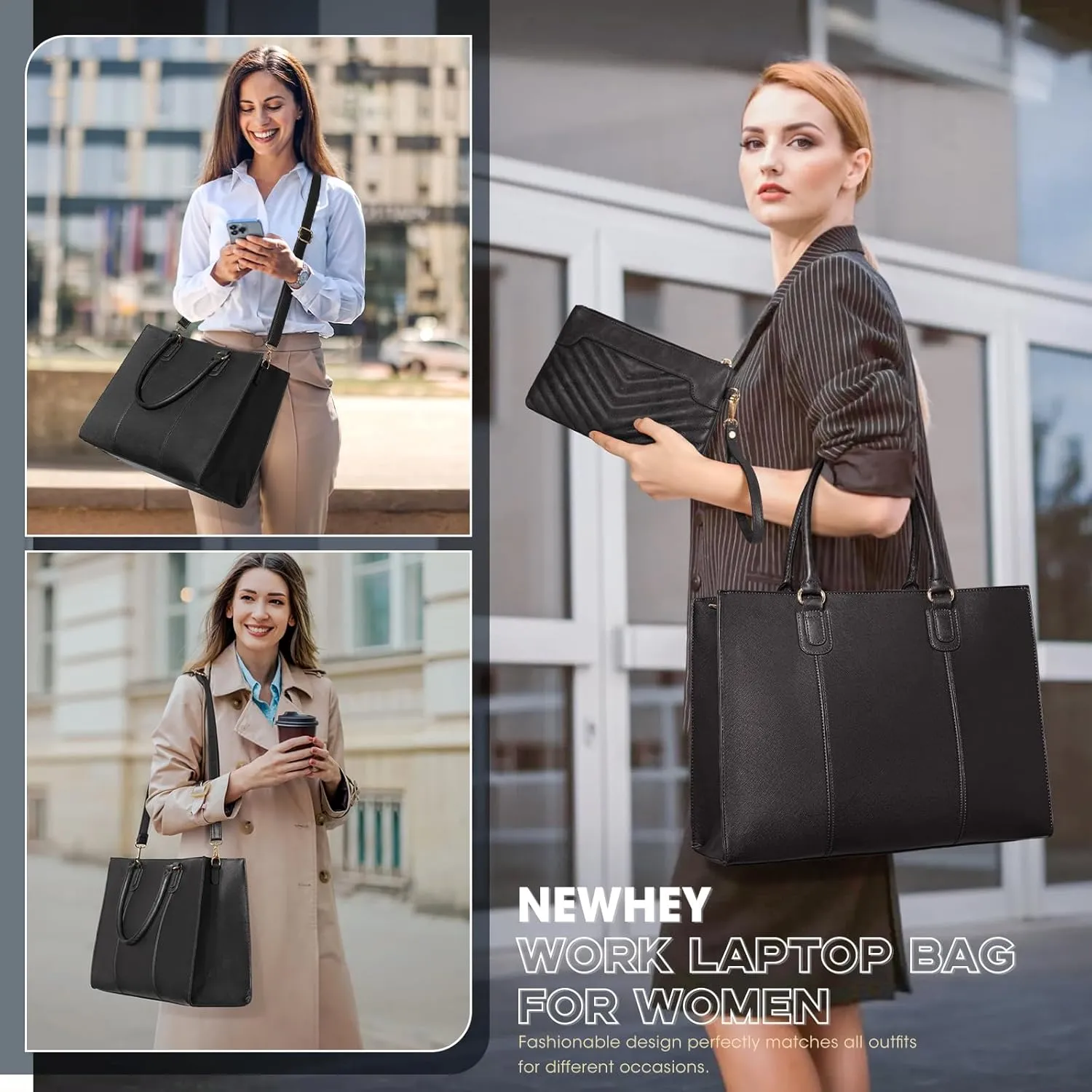 NEWHEY Laptop Bag for Women 15.6 Inch Work Tote Bags Leather Computer Bag with Clutch Purse Professional Office Briefcase Waterproof Handbag for Business Travel College, Black