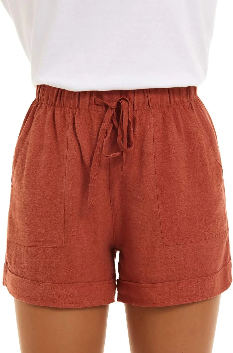 NEYOUQE Womens Cotton Linen Casual Summer Elastic Waist Comfy Shorts with Pocket