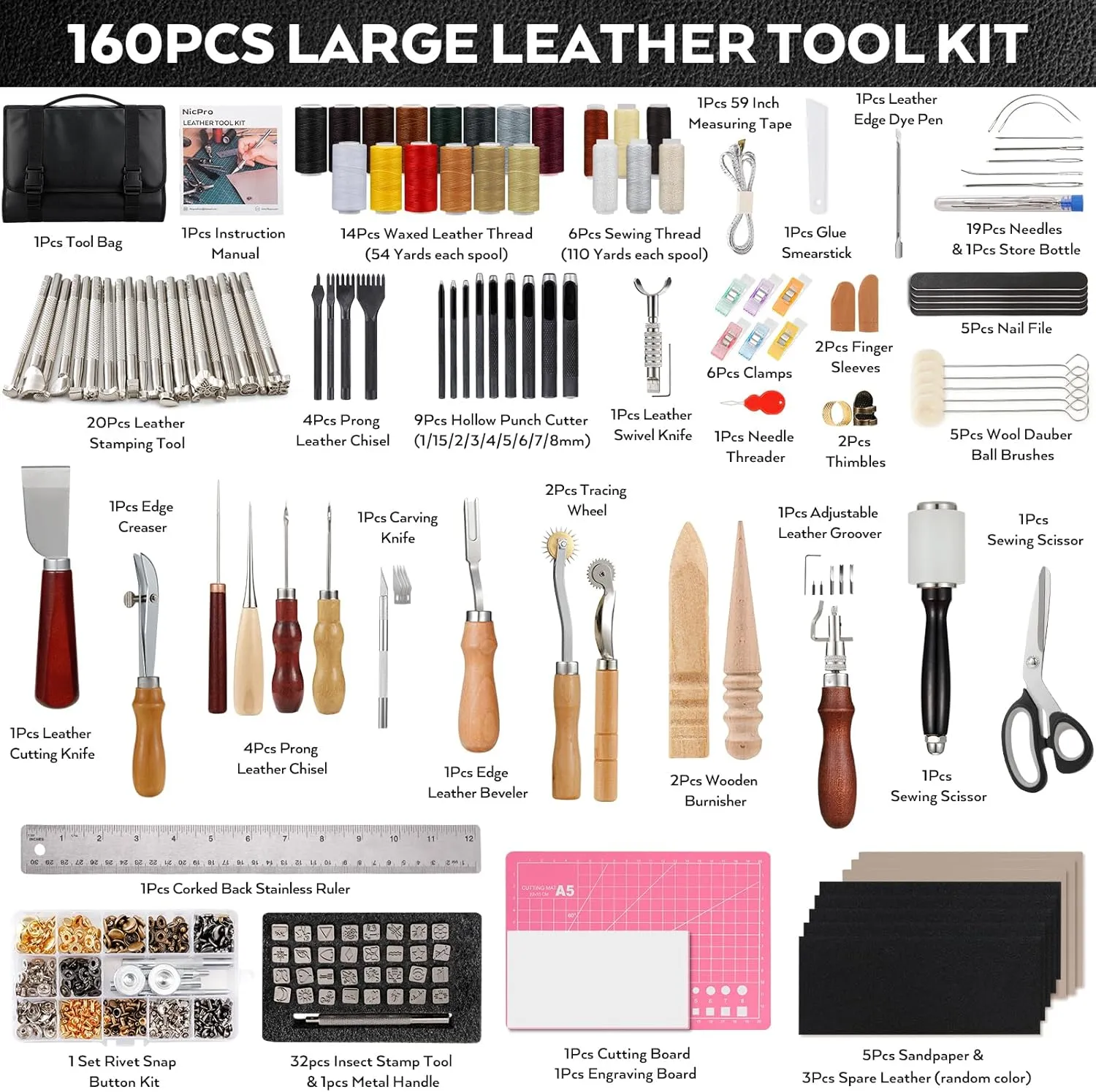 Nicpro 160PCS Upgrade Leather Tooling Kit Leather Working Tools Kit with Storage Handbag, Professional Leather Making Craft Tools Kit for Stamping Sewing Carving Cutting Punching Leather Working
