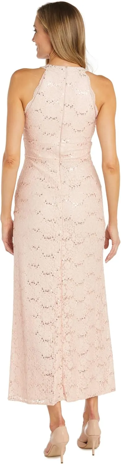 Nightway Women's Long Lace Sequined Gown W/Side Slit & Rhinestone Knot Trim
